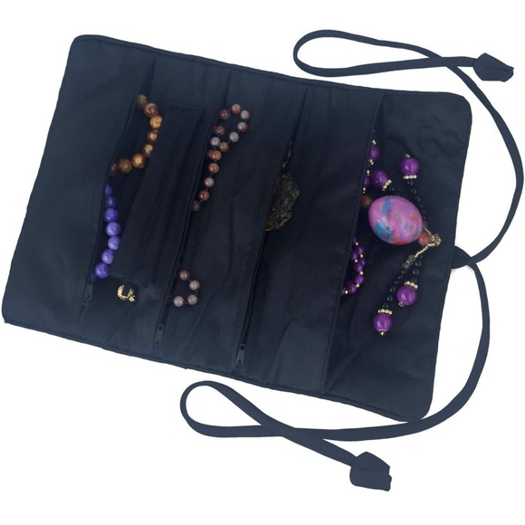 NWOT Gold Fortune Travel Jewelry Silk Embroidery Organizer w/ Tie Close in Black - Picture 5 of 7